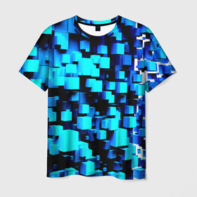 Мужская футболка 3D с принтом Кубическая текстура в Екатеринбурге, 100% полиэфир | прямой крой, круглый вырез горловины, длина до линии бедер | кубы | объем | синий