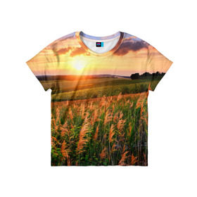 Детская футболка 3D с принтом Родные просторы в Екатеринбурге, 100% гипоаллергенный полиэфир | прямой крой, круглый вырез горловины, длина до линии бедер, чуть спущенное плечо, ткань немного тянется | Тематика изображения на принте: sunrise | sunset | восход | деревня | закат | луг | небо | облака | поле | природа | солнце | цветы
