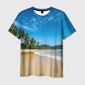 Мужская футболка 3D с принтом Шикарный пляж в Екатеринбурге, 100% полиэфир | прямой крой, круглый вырез горловины, длина до линии бедер | вода | голубое небо | жара | загар | зной | каникулы | купание | море | океан | отдых | отпуск | пальмы | песок | приключение | путешествие | туризм