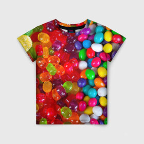 Детская футболка 3D с принтом Вкусняшки в Екатеринбурге, 100% гипоаллергенный полиэфир | прямой крой, круглый вырез горловины, длина до линии бедер, чуть спущенное плечо, ткань немного тянется | вкуснотища | вкусняшки | глазурь | карамельки | конфетки | конфеты | мармеладки | сахар | сладости