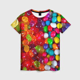 Женская футболка 3D с принтом Вкусняшки в Екатеринбурге, 100% полиэфир ( синтетическое хлопкоподобное полотно) | прямой крой, круглый вырез горловины, длина до линии бедер | вкуснотища | вкусняшки | глазурь | карамельки | конфетки | конфеты | мармеладки | сахар | сладости