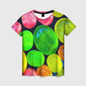 Женская футболка 3D с принтом Карамельки в Екатеринбурге, 100% полиэфир ( синтетическое хлопкоподобное полотно) | прямой крой, круглый вырез горловины, длина до линии бедер | вкусности | вкусняшки | карамельки | конфетки | конфеты | леденцы | сахар | сладости