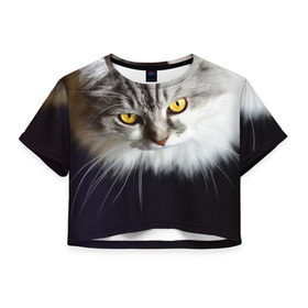 Женская футболка 3D укороченная с принтом Жёлтые глаза в Екатеринбурге, 100% полиэстер | круглая горловина, длина футболки до линии талии, рукава с отворотами | взгляд | глаза | голова животного | киска | кот | котёнок | кошка | прикольные картинки