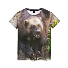 Женская футболка 3D с принтом Росомаха в Екатеринбурге, 100% полиэфир ( синтетическое хлопкоподобное полотно) | прямой крой, круглый вырез горловины, длина до линии бедер | животные | лес | медведи | охота | природа | туризм