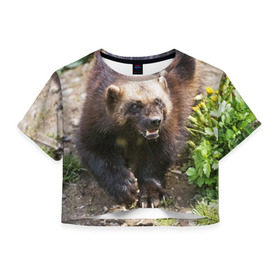 Женская футболка 3D укороченная с принтом Росомаха в Екатеринбурге, 100% полиэстер | круглая горловина, длина футболки до линии талии, рукава с отворотами | животные | лес | медведи | охота | природа | туризм