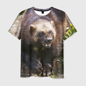 Мужская футболка 3D с принтом Росомаха в Екатеринбурге, 100% полиэфир | прямой крой, круглый вырез горловины, длина до линии бедер | Тематика изображения на принте: животные | лес | медведи | охота | природа | туризм