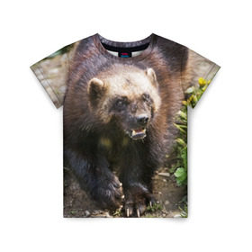Детская футболка 3D с принтом Росомаха в Екатеринбурге, 100% гипоаллергенный полиэфир | прямой крой, круглый вырез горловины, длина до линии бедер, чуть спущенное плечо, ткань немного тянется | животные | лес | медведи | охота | природа | туризм