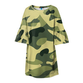 Детское платье 3D с принтом Зелёный камуфляж в Екатеринбурге, 100% полиэстер | прямой силуэт, чуть расширенный к низу. Круглая горловина, на рукавах — воланы | camouflage | green camouflage | зеленый камуфляж | камуфляж