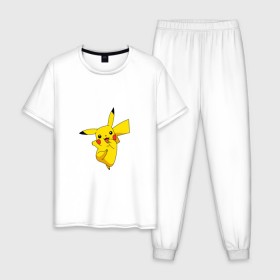 Мужская пижама хлопок с принтом Pikachu Smile в Екатеринбурге, 100% хлопок | брюки и футболка прямого кроя, без карманов, на брюках мягкая резинка на поясе и по низу штанин
 | пикачу | покемон