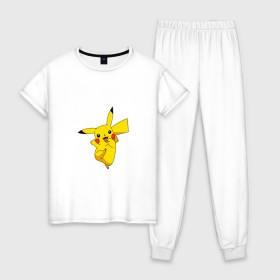 Женская пижама хлопок с принтом Pikachu Smile в Екатеринбурге, 100% хлопок | брюки и футболка прямого кроя, без карманов, на брюках мягкая резинка на поясе и по низу штанин | Тематика изображения на принте: пикачу | покемон