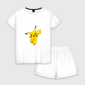 Женская пижама с шортиками хлопок с принтом Pikachu Smile в Екатеринбурге, 100% хлопок | футболка прямого кроя, шорты свободные с широкой мягкой резинкой | Тематика изображения на принте: пикачу | покемон