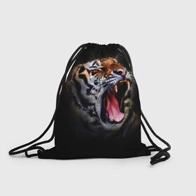 Рюкзак-мешок 3D с принтом Оскал тигра в Екатеринбурге, 100% полиэстер | плотность ткани — 200 г/м2, размер — 35 х 45 см; лямки — толстые шнурки, застежка на шнуровке, без карманов и подкладки | Тематика изображения на принте: дикая кошка | пасть | тигр | хищник