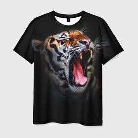 Мужская футболка 3D с принтом Оскал тигра в Екатеринбурге, 100% полиэфир | прямой крой, круглый вырез горловины, длина до линии бедер | Тематика изображения на принте: дикая кошка | пасть | тигр | хищник
