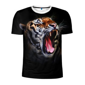 Мужская футболка 3D спортивная с принтом Оскал тигра в Екатеринбурге, 100% полиэстер с улучшенными характеристиками | приталенный силуэт, круглая горловина, широкие плечи, сужается к линии бедра | дикая кошка | пасть | тигр | хищник