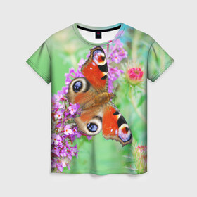 Женская футболка 3D с принтом Прелесть в Екатеринбурге, 100% полиэфир ( синтетическое хлопкоподобное полотно) | прямой крой, круглый вырез горловины, длина до линии бедер | бабочка | лепестки | прикольные картинки | природа | цветочки | цветы