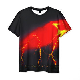 Мужская футболка 3D с принтом Гроза в Екатеринбурге, 100% полиэфир | прямой крой, круглый вырез горловины, длина до линии бедер | Тематика изображения на принте: красный | молния | ночь | черный