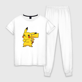Женская пижама хлопок с принтом Pikachu в Екатеринбурге, 100% хлопок | брюки и футболка прямого кроя, без карманов, на брюках мягкая резинка на поясе и по низу штанин | pikachu | pokemon | пикачу | покемон