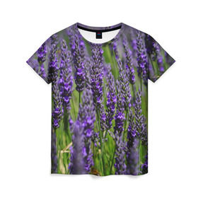 Женская футболка 3D с принтом Лаванда в Екатеринбурге, 100% полиэфир ( синтетическое хлопкоподобное полотно) | прямой крой, круглый вырез горловины, длина до линии бедер | Тематика изображения на принте: зеленый | зелень | лаванда | лето | поле | природа | синий | цветы