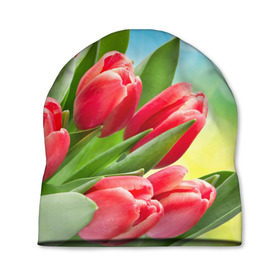 Шапка 3D с принтом Полевые тюльпаны в Екатеринбурге, 100% полиэстер | универсальный размер, печать по всей поверхности изделия | арт | краска | лето | лучи | любовь | новинки | популярные | природа | рисунки | свет | цветы