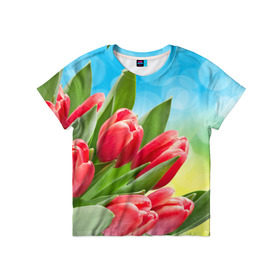 Детская футболка 3D с принтом Полевые тюльпаны в Екатеринбурге, 100% гипоаллергенный полиэфир | прямой крой, круглый вырез горловины, длина до линии бедер, чуть спущенное плечо, ткань немного тянется | арт | краска | лето | лучи | любовь | новинки | популярные | природа | рисунки | свет | цветы