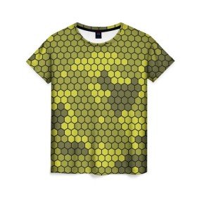 Женская футболка 3D с принтом Кибер камуфляж 8 в Екатеринбурге, 100% полиэфир ( синтетическое хлопкоподобное полотно) | прямой крой, круглый вырез горловины, длина до линии бедер | желтый | соты