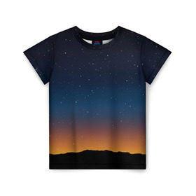 Детская футболка 3D с принтом Звездное небо в Екатеринбурге, 100% гипоаллергенный полиэфир | прямой крой, круглый вырез горловины, длина до линии бедер, чуть спущенное плечо, ткань немного тянется | Тематика изображения на принте: вселенная | галактика | горизон | звезды | небо | ночь
