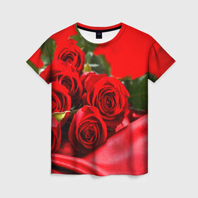 Женская футболка 3D с принтом Розы в Екатеринбурге, 100% полиэфир ( синтетическое хлопкоподобное полотно) | прямой крой, круглый вырез горловины, длина до линии бедер | букет | красная | лепесток | разноцветная | роза | цветок