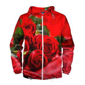 Мужская ветровка 3D с принтом Розы в Екатеринбурге, 100% полиэстер | подол и капюшон оформлены резинкой с фиксаторами, два кармана без застежек по бокам, один потайной карман на груди | Тематика изображения на принте: букет | красная | лепесток | разноцветная | роза | цветок