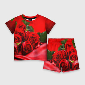 Детский костюм с шортами 3D с принтом Розы в Екатеринбурге,  |  | букет | красная | лепесток | разноцветная | роза | цветок
