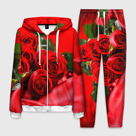 Мужской костюм 3D с принтом Розы в Екатеринбурге, 100% полиэстер | Манжеты и пояс оформлены тканевой резинкой, двухслойный капюшон со шнурком для регулировки, карманы спереди | букет | красная | лепесток | разноцветная | роза | цветок