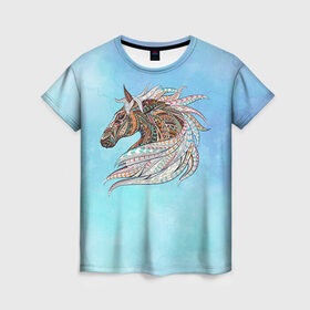 Женская футболка 3D с принтом Конь в Екатеринбурге, 100% полиэфир ( синтетическое хлопкоподобное полотно) | прямой крой, круглый вырез горловины, длина до линии бедер | конь | лошадь