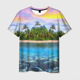 Мужская футболка 3D с принтом Мальдивы в Екатеринбурге, 100% полиэфир | прямой крой, круглый вырез горловины, длина до линии бедер | загар | каникулы | мальдивские острова | мальдивы | отдых | отпуск | пляж | приключения | солнце | туризм