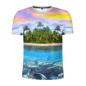 Мужская футболка 3D спортивная с принтом Мальдивы в Екатеринбурге, 100% полиэстер с улучшенными характеристиками | приталенный силуэт, круглая горловина, широкие плечи, сужается к линии бедра | загар | каникулы | мальдивские острова | мальдивы | отдых | отпуск | пляж | приключения | солнце | туризм