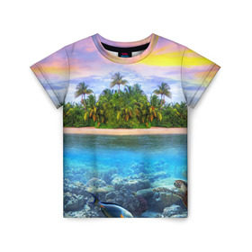 Детская футболка 3D с принтом Мальдивы в Екатеринбурге, 100% гипоаллергенный полиэфир | прямой крой, круглый вырез горловины, длина до линии бедер, чуть спущенное плечо, ткань немного тянется | загар | каникулы | мальдивские острова | мальдивы | отдых | отпуск | пляж | приключения | солнце | туризм