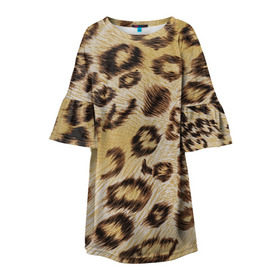 Детское платье 3D с принтом Леопардовая ткань в Екатеринбурге, 100% полиэстер | прямой силуэт, чуть расширенный к низу. Круглая горловина, на рукавах — воланы | гепард | гламур | леопард | мода | пятна | роскошь | ткань | точки | шерсть