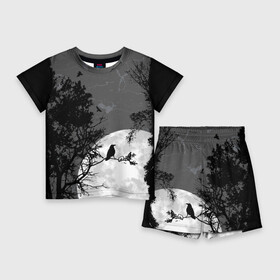 Детский костюм с шортами 3D с принтом Черный ворон в Екатеринбурге,  |  | ворон | луна | новинки | ночь | полнолуние | природа | птица
