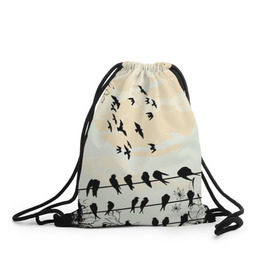 Рюкзак-мешок 3D с принтом Темная стая в Екатеринбурге, 100% полиэстер | плотность ткани — 200 г/м2, размер — 35 х 45 см; лямки — толстые шнурки, застежка на шнуровке, без карманов и подкладки | ворон | закат | ласточки | новинки | популярное | птицы | темнота