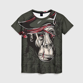 Женская футболка 3D с принтом Старый пират в Екатеринбурге, 100% полиэфир ( синтетическое хлопкоподобное полотно) | прямой крой, круглый вырез горловины, длина до линии бедер | обезьяна | шимпанзе