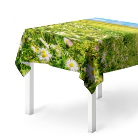 Скатерть 3D с принтом Ромашковый ковёр в Екатеринбурге, 100% полиэстер (ткань не мнется и не растягивается) | Размер: 150*150 см | горизонт | зелень | небо | облака | поле | поляна | ромашки | солнце | цветы