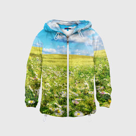 Детская ветровка 3D с принтом Ромашковый ковёр в Екатеринбурге, 100% полиэстер | подол и капюшон оформлены резинкой с фиксаторами, по бокам два кармана без застежек, один потайной карман на груди | горизонт | зелень | небо | облака | поле | поляна | ромашки | солнце | цветы