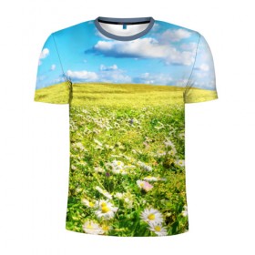 Мужская футболка 3D спортивная с принтом Ромашковый ковёр в Екатеринбурге, 100% полиэстер с улучшенными характеристиками | приталенный силуэт, круглая горловина, широкие плечи, сужается к линии бедра | горизонт | зелень | небо | облака | поле | поляна | ромашки | солнце | цветы