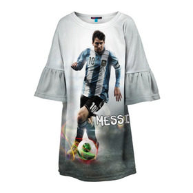 Детское платье 3D с принтом Leo Messi в Екатеринбурге, 100% полиэстер | прямой силуэт, чуть расширенный к низу. Круглая горловина, на рукавах — воланы | Тематика изображения на принте: barselona | messi | аргентина | барселона | месси | мяч | футбол