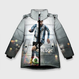Зимняя куртка для девочек 3D с принтом Leo Messi в Екатеринбурге, ткань верха — 100% полиэстер; подклад — 100% полиэстер, утеплитель — 100% полиэстер. | длина ниже бедра, удлиненная спинка, воротник стойка и отстегивающийся капюшон. Есть боковые карманы с листочкой на кнопках, утяжки по низу изделия и внутренний карман на молнии. 

Предусмотрены светоотражающий принт на спинке, радужный светоотражающий элемент на пуллере молнии и на резинке для утяжки. | barselona | messi | аргентина | барселона | месси | мяч | футбол