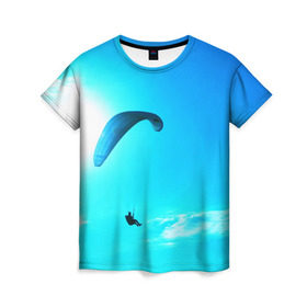 Женская футболка 3D с принтом Прыжок в Екатеринбурге, 100% полиэфир ( синтетическое хлопкоподобное полотно) | прямой крой, круглый вырез горловины, длина до линии бедер | парашют | прыжок | синяя