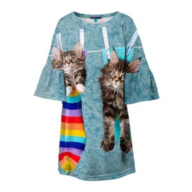 Детское платье 3D с принтом Мейн-кун 1 в Екатеринбурге, 100% полиэстер | прямой силуэт, чуть расширенный к низу. Круглая горловина, на рукавах — воланы | кот | котенок | котик | котэ | кошка | мейн кун | мейнкун | мэйн кун | мэйнкун
