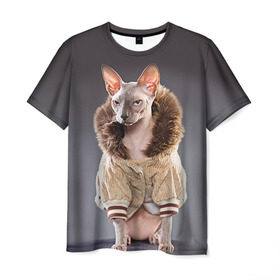 Мужская футболка 3D с принтом Сфинкс 4 в Екатеринбурге, 100% полиэфир | прямой крой, круглый вырез горловины, длина до линии бедер | Тематика изображения на принте: кот | котенок | котик | котэ | кошка | сфинкс