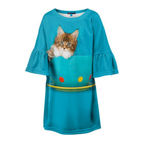 Детское платье 3D с принтом Мейн-кун 4 в Екатеринбурге, 100% полиэстер | прямой силуэт, чуть расширенный к низу. Круглая горловина, на рукавах — воланы | Тематика изображения на принте: кот | котенок | котик | котэ | кошка | мейн кун | мейнкун | мэйн кун | мэйнкун