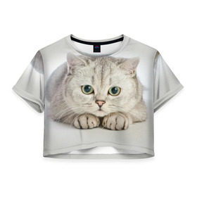 Женская футболка 3D укороченная с принтом Британец 6 в Екатеринбурге, 100% полиэстер | круглая горловина, длина футболки до линии талии, рукава с отворотами | британец | британская | британцы | кот | котенок | котик | котэ | кошка