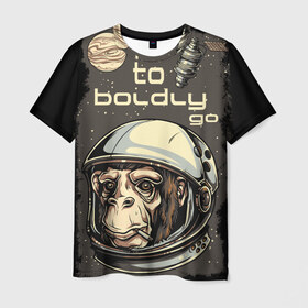 Мужская футболка 3D с принтом Космо мартышка в Екатеринбурге, 100% полиэфир | прямой крой, круглый вырез горловины, длина до линии бедер | Тематика изображения на принте: космос | луна | мартышка | новинки | обезьяна | популярное | спутник | шимпанзе