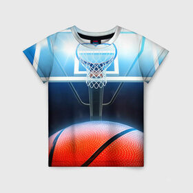 Детская футболка 3D с принтом Баскетбол в Екатеринбурге, 100% гипоаллергенный полиэфир | прямой крой, круглый вырез горловины, длина до линии бедер, чуть спущенное плечо, ткань немного тянется | Тематика изображения на принте: basketball | кольцо | корзина